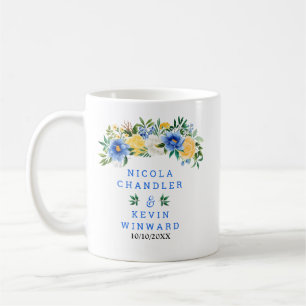 Caneca De Café Casamento Floral Azul e Amarelo