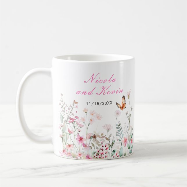 Caneca De Café Casamento Floral Borboleta Rosa Profundo Primavera (Esquerda)