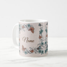 Caneca De Café Casamento Floral Cobre Borboleta Bege Prata Turque