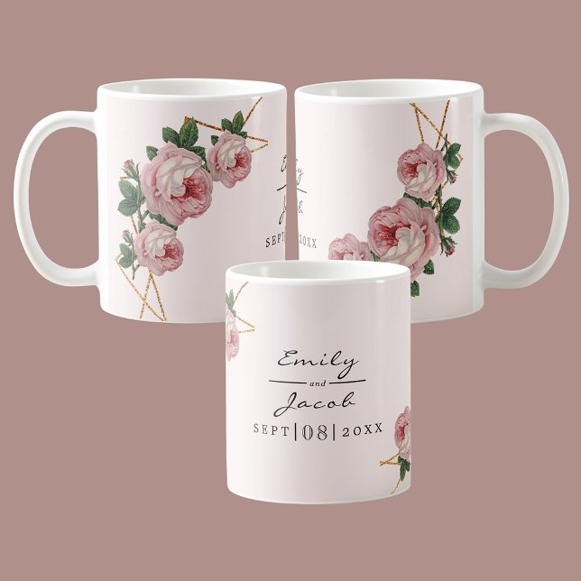 Caneca De Café Casamento Floral Rosa-Rosa Geométrico Dourado Eleg (Elegant Gold Glitter Geometric Pink Floral Wedding Coffee Mug)