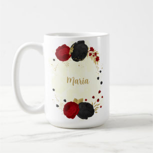 Caneca De Café casamento floral vermelho preto e dourado