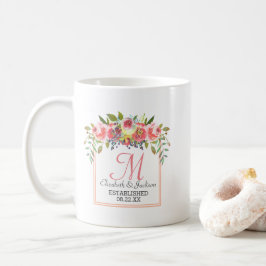 Caneca De Café Casamento Monograma Peach Watercolor Floral Wreath
