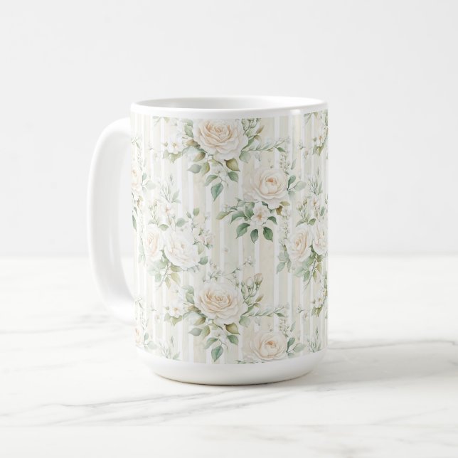 Caneca De Café Casamento Romântico Floral Branca em Stripes Branc (Frente Esquerda)