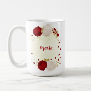Caneca De Café Casamento romântico vermelho e flores brancas