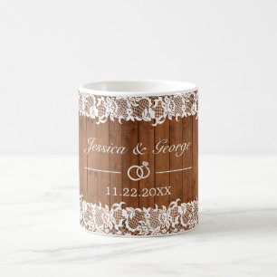 Caneca De Café Casamento Rústico de Madeira e Lace Branco