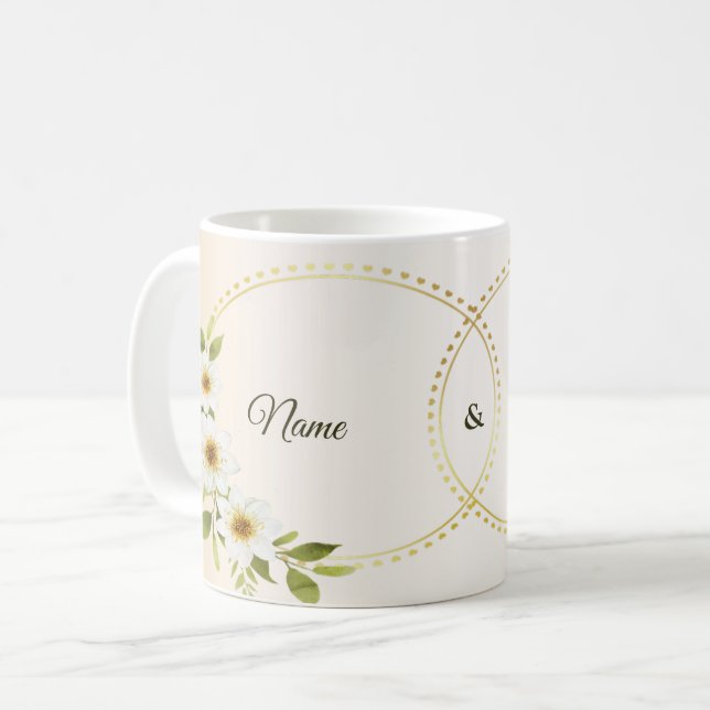 Caneca De Café Casamento Rústico Geométrico Dourado Floral Branco (Frente Esquerda)