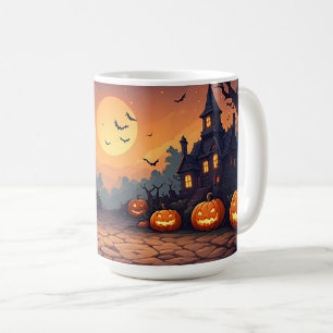 Caneca De Café Casas Assombradas Sob Uma Lua de Halloween 🎃