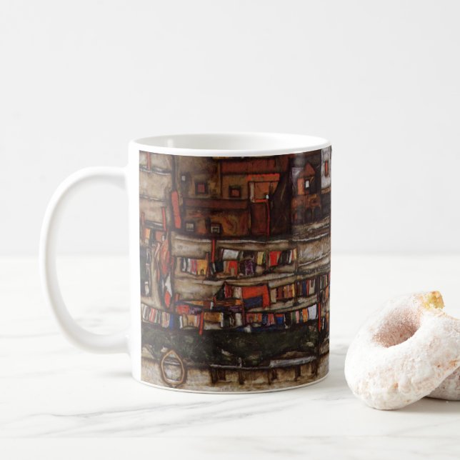 Caneca De Café Casas com Roupa de Egon Schiele (Com Donut)