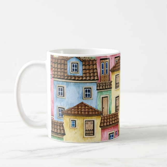 Caneca De Café Casas de Lisboa: Padrão Funicular de Aquarela. (Esquerda)