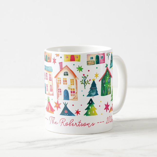 Caneca De Café Casas de Natal Felizes Festas (Frente Esquerda)