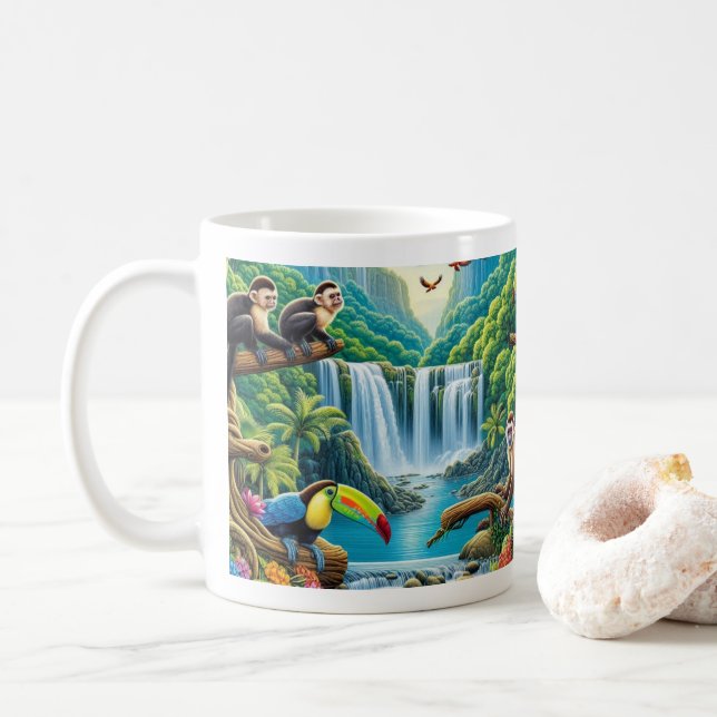 Caneca De Café Cascata tropical da floresta tropical úmida (Com Donut)
