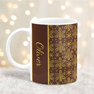 Caneca De Café Castanho e Dourado Flocos de Neve, Mug de Natal co
