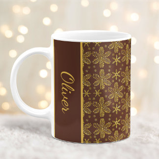 Caneca De Café Castanho e Dourado Flocos de Neve, Mug de Natal co