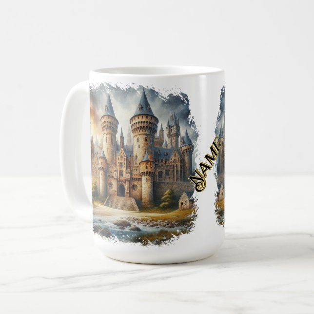 Caneca De Café Castelo Medieval no Sunset com Céu Atmosférico (Frente Esquerda)