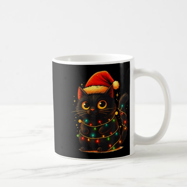 Caneca De Café Cat Black Christmas Tree Lights Funny Santa Kitten (Direita)