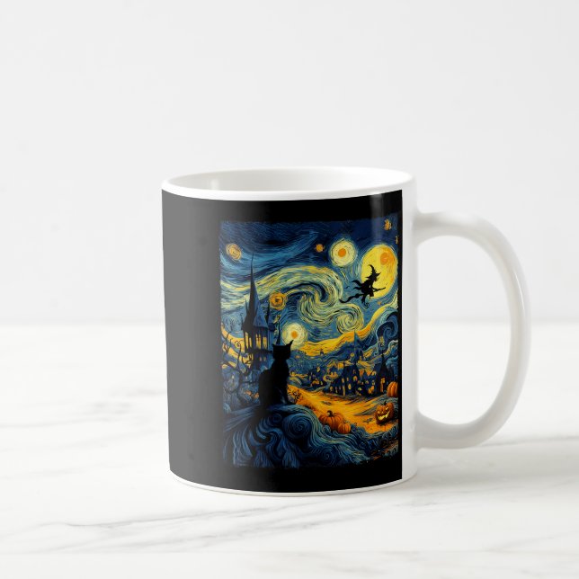 Caneca De Café Cat Halloween Van Gogh Starry Night Pumpkin Men Wo (Direita)