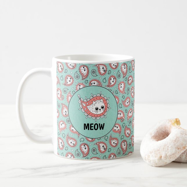 Caneca De Café Cat Paisley - Coral e Mint (Com Donut)