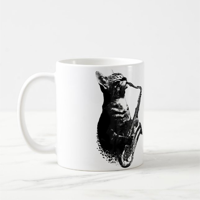 Caneca De Café Cat Playing Saxophone Funny Cat Jazz Sax Music Sax (Esquerda)