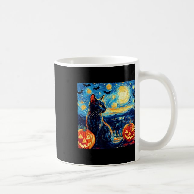 Caneca De Café Cat Starry Night Van Gogh Cat Bats Pumpkins (Direita)