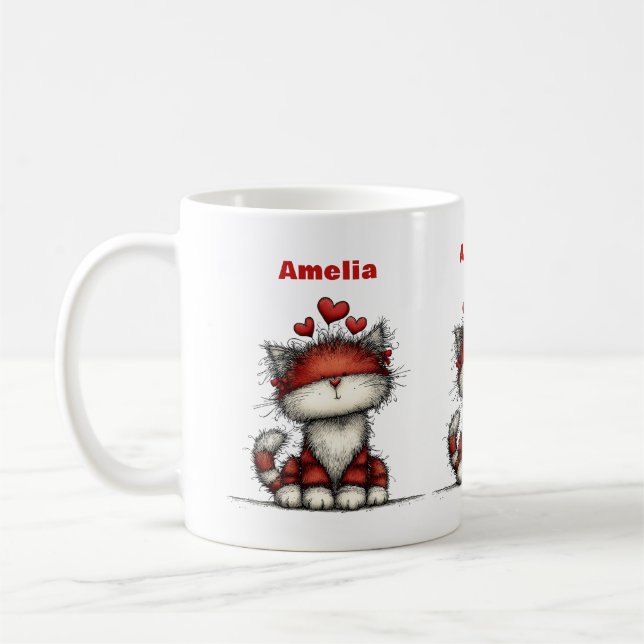 Caneca De Café Cat with Red Love Hearts Cute and Funny (Esquerda)