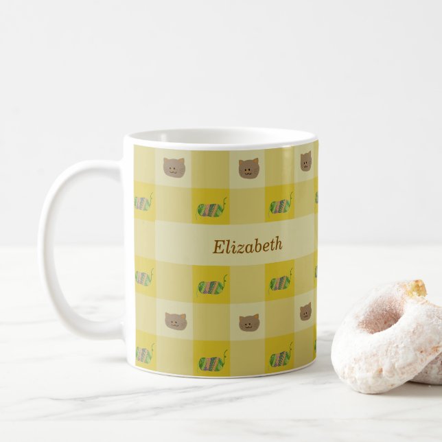 Caneca De Café Cat & Yarn Customise Name (Com Donut)