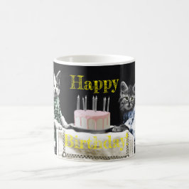 Caneca De Café Cats celebrating a birthday with cake and candles