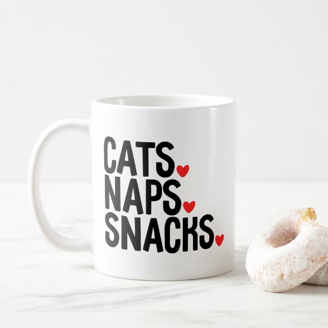 Caneca De Café Cats Naps Snacks - Amantes de gatos (Com Donut)