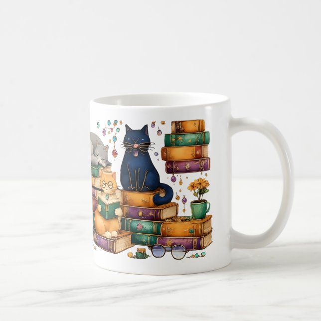 Caneca De Café Cats Reading Books Cozy Library Scene (Direita)