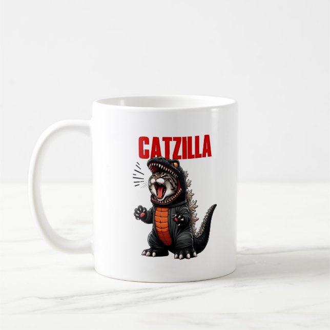 Caneca De Café Catzilla - Engraçado Cat Godzilla Mashup (Esquerda)