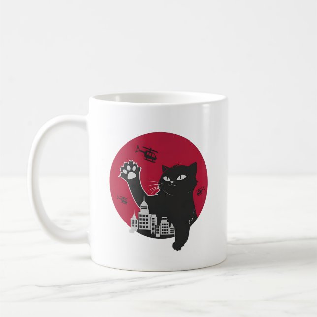 Caneca De Café Catzilla - Paródia Gato Negro Gigante com Cidade (Esquerda)