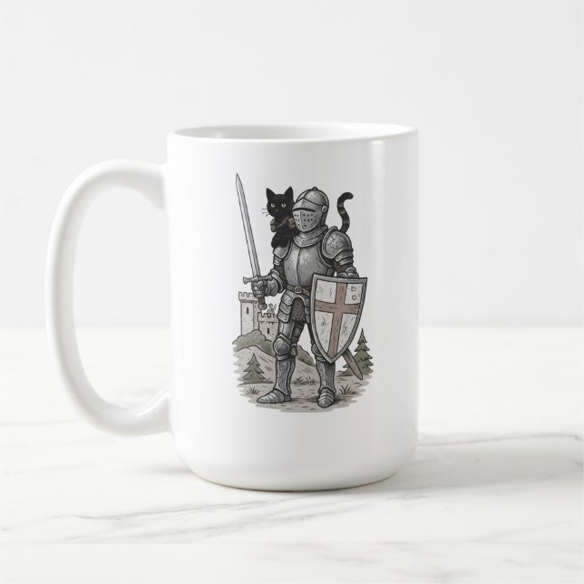Caneca De Café Cavaleiro Com Gato Preto Medieval (Esquerda)