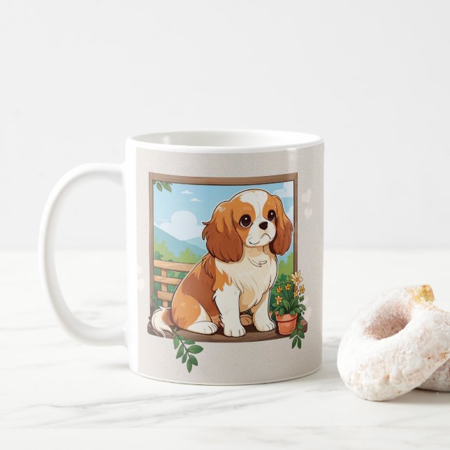 Caneca De Café Cavalier Cavalier King Charles Pastel com flores (Com Donut)