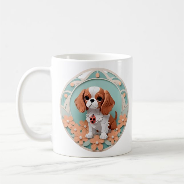 Caneca De Café Cavalier King Charles Flowers Papel Cortando Arte (Esquerda)