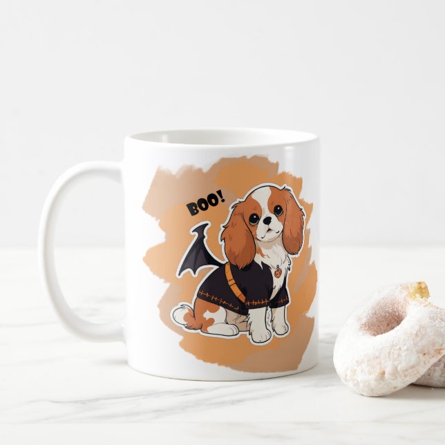Caneca De Café Cavalier Rei Charles Halloween boo! (Com Donut)