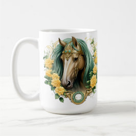 Caneca De Café CAVALO bonito COM ROSAS AMARELAS E DOURADO QUADRO