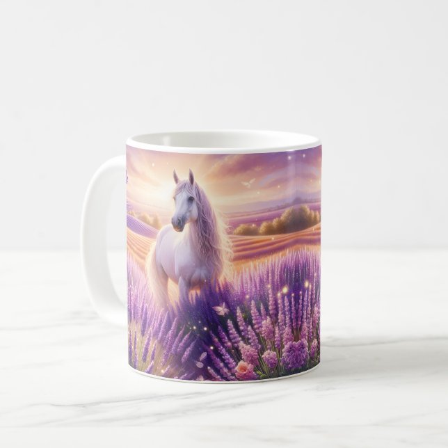 Caneca De Café Cavalo Branco em um Campo de Lavanda (Frente Esquerda)