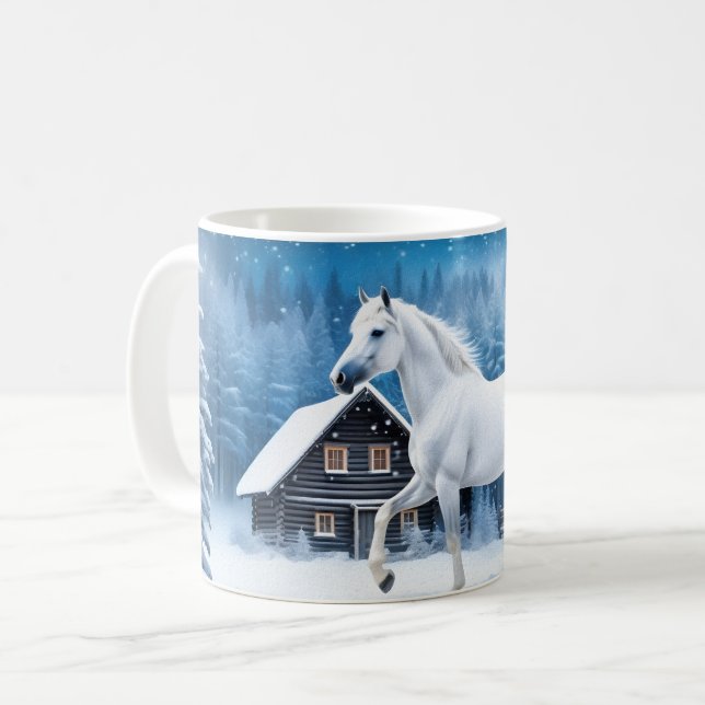 Caneca De Café Cavalo branco na floresta de inverno (Frente Esquerda)