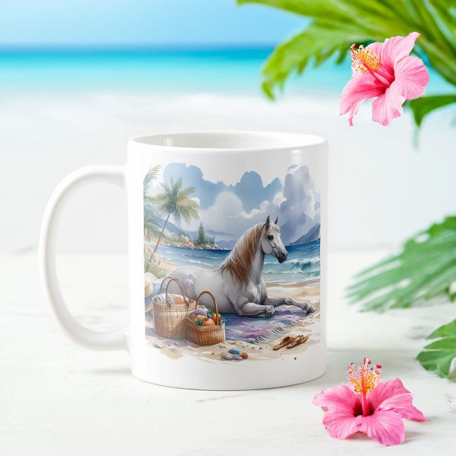 Caneca De Café Cavalo de Aquarela de Verão na praia (Criador carregado)