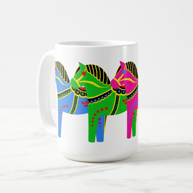 Caneca De Café Cavalo de dala nórdica vermelho/azul/rosa/verde (Frente Esquerda)