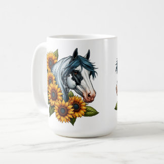 Caneca De Café Cavalo de Túmulo Negro e Branco e Girassóis
