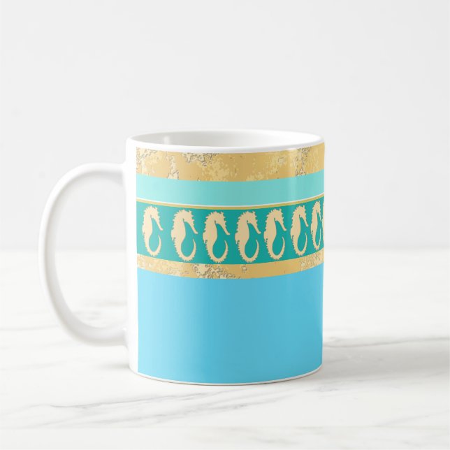 Caneca De Café Cavalo do Mar Dourado com Faixa Aqua e Turquesa (Esquerda)