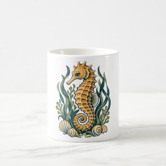 Caneca De Café Cavalo-Marinho Dourado com Erva-Marinha e Conchas