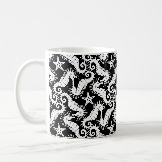 Caneca De Café Cavalo-marinho e Starfish - Padrão preto e branco (Esquerda)