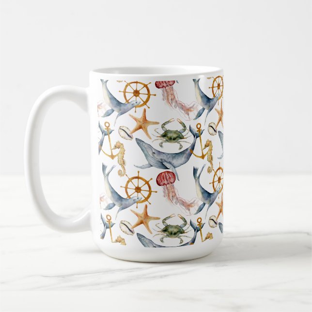Caneca De Café Cavalo-marinho, Navios Roda, Baleias, Caranguejo,  (Esquerda)