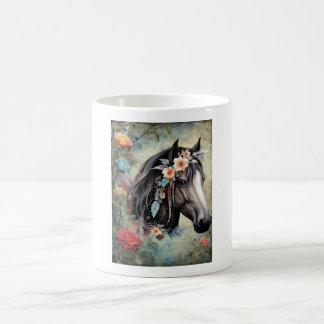 Caneca De Café Cavalo marrom em flores.