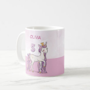 Caneca De Café Cavalo Rosa De Aniversário Com 5 De Nome Personali