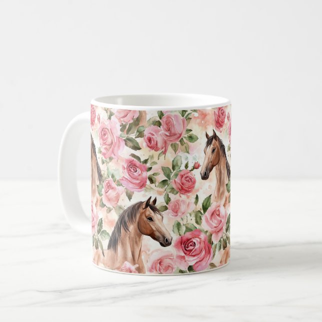 Caneca De Café Cavalos Bonito Rosas Rosa Floral (Frente Esquerda)