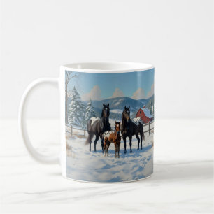 Caneca De Café Cavalos de Appaloosa Pretos numa Fazenda no invern