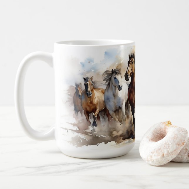 Caneca De Café Cavalos de Mustang Selvagens Equestres Oeste (Com Donut)