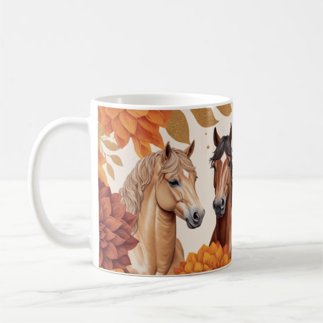 Caneca De Café Cavalos de outono Elegantes com Acentos Florais (Esquerda)